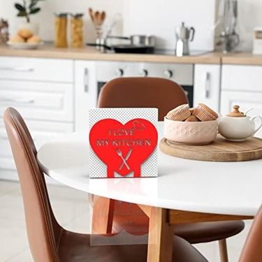 Diğer 57858324442302299283959 "ı Love My Kıtchen" Temalı Metal Peçetelik Kırmızı Kalp Şeklinde -