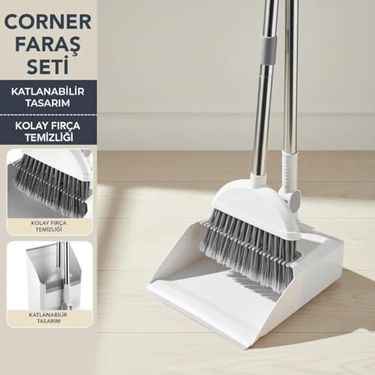 Diğer 57858324442399283959 Corner Taraklı Ve Saplı Faraş Süpürge Seti - Katlanabilir Dik Faraş Takımı - Paslanmaz Çelik Saplı Ergonomik Temizlik Seti Beyaz - Açık Ahşap