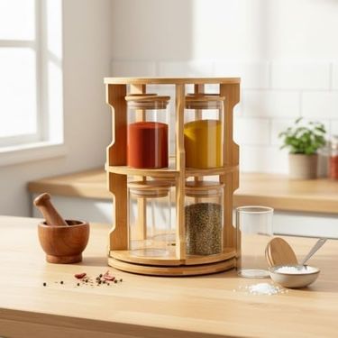 Diğer 57858324442444799283959 Doğal Bambu 360 Döner Standlı 10'lu Cam Baharatlık Seti - Büyük Boy 250 Ml Ahşap Kapaklı Baharat Takımı 1