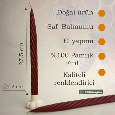 Diğer 57858324442645699283959 Mum Bordo 2 Adet 27.5Cm Kalın Şamdan Mumu Dekoratif Mum Bordo Mum Beeswax Candle Altın