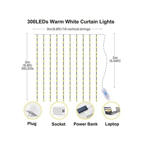 Diğer 57858324442723599283959 Yizhet Işık Perdesi, 3 X 3 M, Led Işık Zinciri, Perde, 8 Modlu, Ip65 Su Geçirmez, İç Ve Dış Mekan Dekorasyonu, Düğün, Parti,, Teras İçin 300 Led, Sıcak Beyaz Açık Gold
