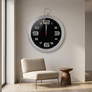 Diğer 57858324442869399283959 Yuvarlak Duvar Saati, Siyah Kadran, Gümüş Çerçeve, 30 Cm, Cep Saati Tasarımı, Kırmızı Saniye Ibresi Açık