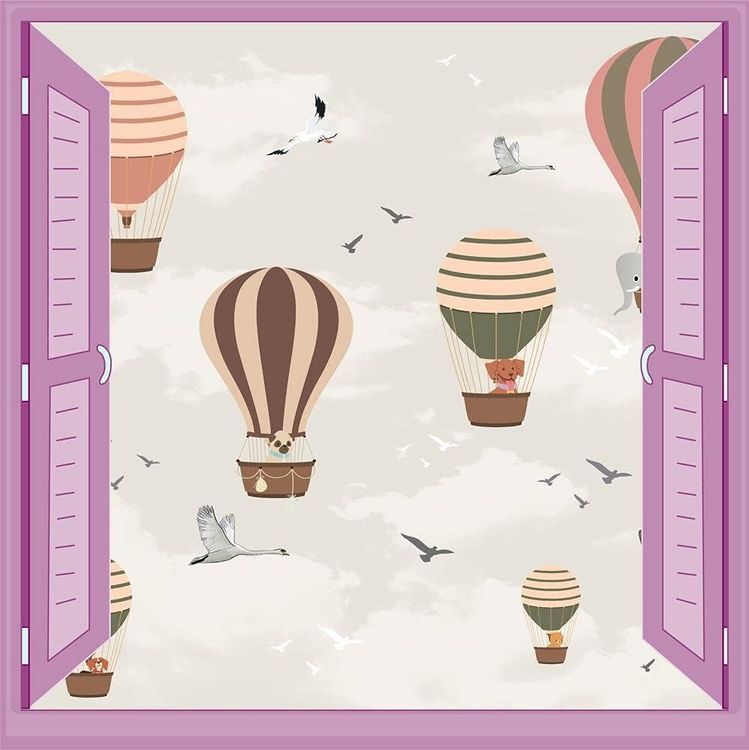 Diğer 57858324443173499283959 Çocuk Odası Bebek Odası Pencere Poster Duvar Kağıdı Balonlar Kuşlar Acı Kahve