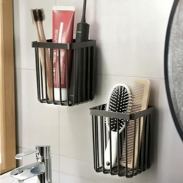 Diğer 57858324443232099283959 2'li Set Yapışkanlı Diş Fırçalık, Saç Fırçası Tarak Düzenleyici, Banyo Düzenleyici Banyo Rafı Siyah Açık Ahşap