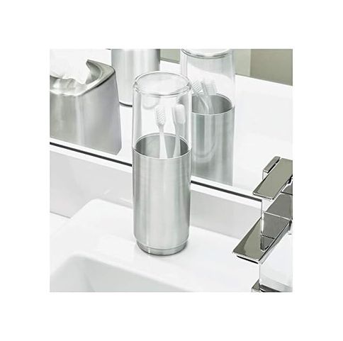 Diğer 57858324443371199283959 Austin Diş Fırçası Tutucu, Metal Ve Plastik, Kapaklı Diş Fırçası Standı, Şeffaf/mat Gümüş Rengi Açık Ahşap