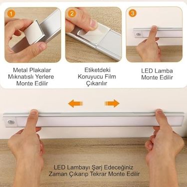 Diğer 57858324443450699283959 Sensörlü Alüminyum Usb Şarjlı Led Gece Lambası, 3 Renk Kısılabilir, Mutfak Dolap Tezgah İçin 60 Cm .