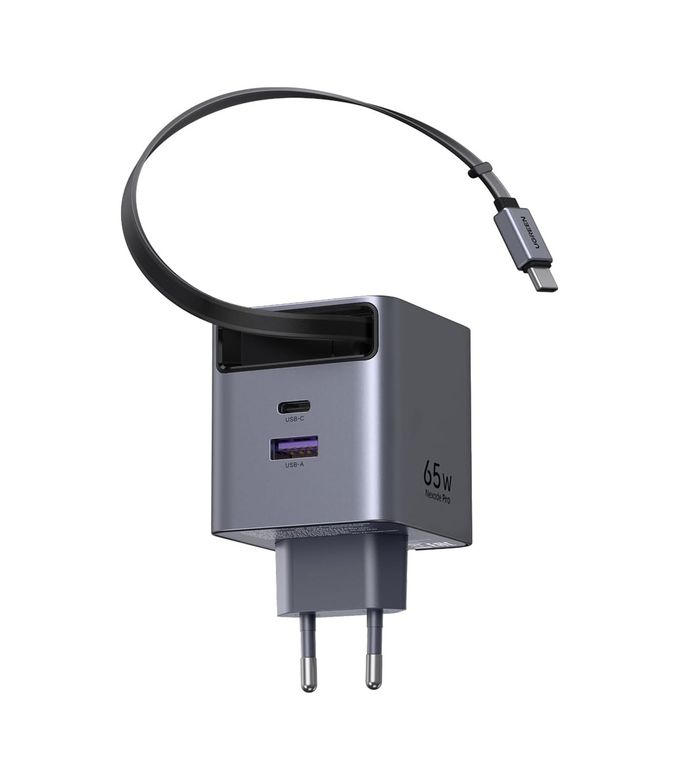 Diğer 57858324448893199283959 65W Makaralı Dahili Kablolu Gan Hızlı Şarj Cihazı, 2Xusb-C, 1Xusb-A, Gri, 65825 Acı Kahve