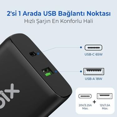 Diğer 57858324448916299283959 Bix Bx2P65G Gan Pd 65W Type-C Ve Usb-A Qc 18W Çift Portlu Akım Korumalı Hızlı Şarj Cihazı Siyah Acı Kahve