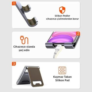 Diğer 57858324450147499283959 Alüminyum Katlanabilir Metal Masaüstü Telefon Tutucu Standı Gümüş Acı Kahverengi
