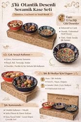 Diğer 57858324451954599283959 Kabartma Desenli El Boyaması Seramik Kase Seti, 3 Lü Renkli Çini Motifli Dekoratif Sunum Kaseleri, Kahvaltı, Meze, Çerez Ve Servis İçin Çok Amaçlı El Yapımı Kase Takımı 0