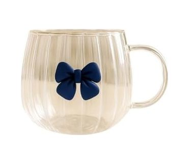 Diğer 57858324451979199283959 Cam Kupa Mavi Kurdele Detaylı, Dayanıklı, Şeffaf Kahve & Çay Bardağı 9X10 Cm, 300 Ml Açık Altın