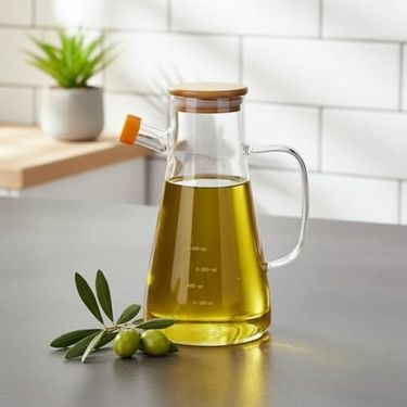 Diğer 57858324452001399283959 1 Adet 900 Ml Bambu Kapaklı Borosilikat Cam Yağlık Ve Sirkelik, Dayanıklı Ve Ölçekli Tasarım, Damlatmaz Ağızlı Modern Mutfak Sosluk Şişesi 0