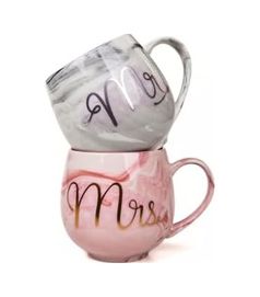 Diğer 57858324452044699283959 Lüks Mermer Desenli Mr & Mrs 2'li Porselen Kupa Seti 400 Ml, Hediyelik Kutulu,pembe & Gri Açık Altın