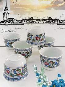 Diğer 57858324452054299283959 Bitkisel Çini Renkli Model Desenli Porselen Mirra Set 6 Adet Mırra Cup Porcelain 6 Pieces Açık Altın