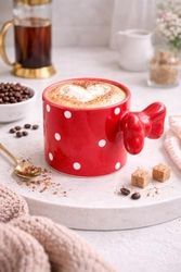 Diğer 57858324452071099283959 Fiyonklu Kırmızı Puantiyeli Seramik Kahve Kupası 3D Kulplu Tasarım Mug Bardak Açık Altın