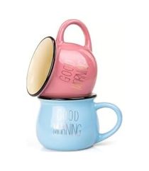 Diğer 57858324452072299283959 2'li Görünümlü Renkli Porselen Kupa Seti Good Morning Yazılı 250 Ml,pembe & Mavi Açık Altın