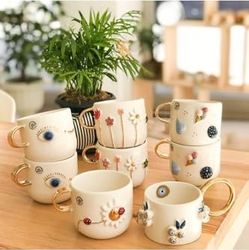 Diğer 57858324452084899283959 El Yapımı Çiçekleri Kabartmalı Kupa 24 Ayar Altın Dekorlu 300 Ml Mug Spring Flower Açık Altın