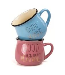 Diğer 57858324452128399283959 2'li Görünümlü Porselen Kupa Seti Good Morning Yazılı 150 Ml,pembe & Mavi Açık Altın