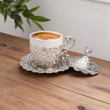 Diğer 57858324452139699283959 Hilal Motifli Türk Kahvesi Fincanı Ve Tabağı Gövde, Porselen İç Kupa Geleneksel Gelincik Model Tekli Gümüş Rengi Açık Gri