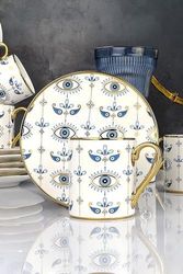 Diğer 57858324452142399283959 Altın Yaldızlı Nazar Göz Desenli 6 Kişilik Porselen Fincan Takımı 12 Parça Şık Sunum Seti Evil Eye Açık Altın