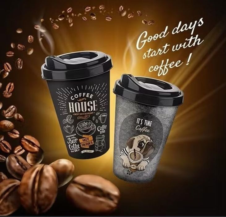 Diğer 57858324452149799283959 2'li Coffee Desenli Kahve Bardağı Takımı 2 X 400 Ml - Kahverengi Pipet Girişli Kapaklı İçecek Bardağı Paketi Açık Altın
