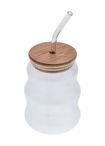 Diğer 57858324452215499283959 500Ml Bambu Kapaklı Cam Bardak, Cam Pipetli Silikon Kapak Contalı İnce Çizgi Desenli Soğuk İçecekler İçin Kahve Meyve Suları Ve Çayları İçin Ergonomik Şık Tasarım Açık Altın