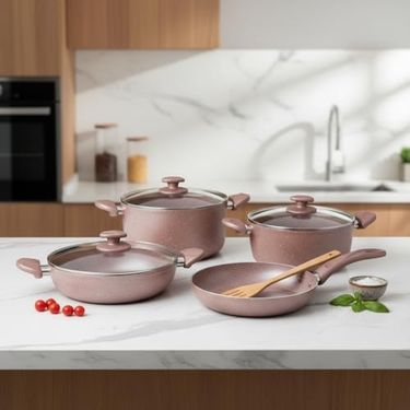 Diğer 57858324452514699283959 Argos 7 Parça Tencere Ve Tava Seti - Pembe Kırçıl Renkli Yanmaz Yapışmaz Çeyiz Paketi Cam Kapaklı 20/24/26 Cm Tencere + 26 Cm Tava 0