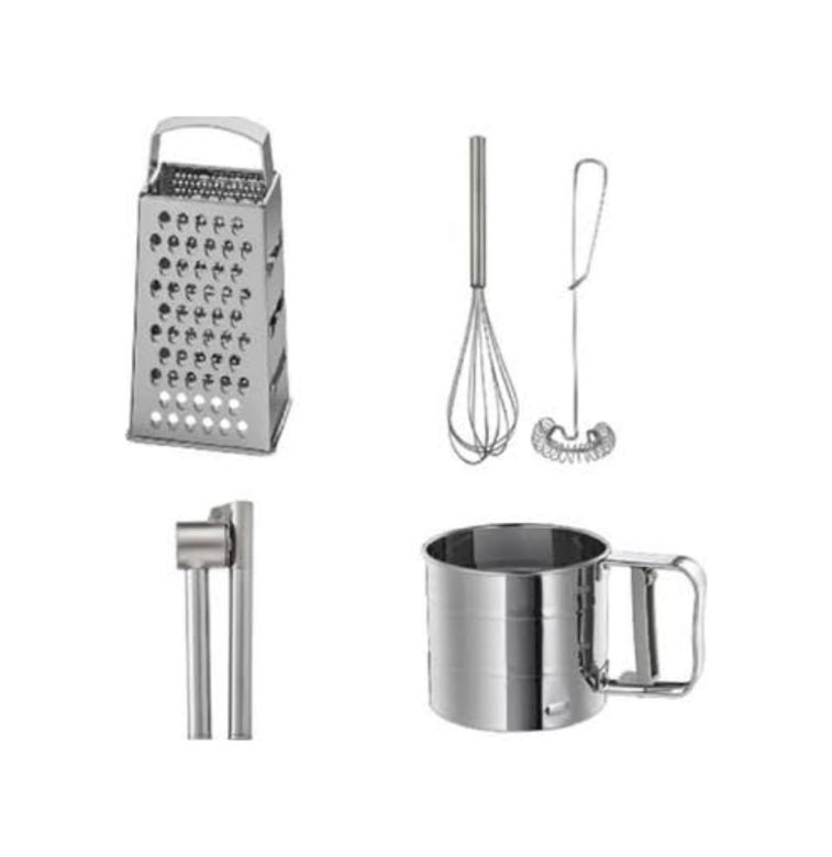Diğer 57858324452643999283959 4 Lü Set, Idealısk Rende 2'li Çırpıcı Seti Frk Koncıs Çelik Sarımsak Ezici Un Eleği Kontef Açık Gri