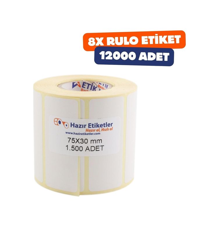Diğer 57858324453304899283959 Eko Termal Rulo Etiket, 75Mm X 30Mm 12000 Adet 8 Rulo 40Mm Çapı Barkod Yazıcılar İle Uyumludur, Ribon Kullanmadan Yazdırılabilir. 1