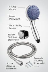 Diğer 57858324453703399283959 Spiralli Duş Başlığı Seti, 4 Fonksiyonlu Krom Duş Başlığı, 150 Cm Duş Hortumu, Mafsallı Başlık, Vida Ve Dübel Dahil, Su Tasarruflu, Duvara Monte Banyo Takımı Açık Mavi