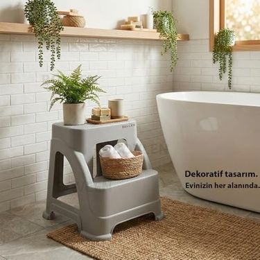 Diğer 57858324453860699283959 İki Basamaklı Kaymaz Büyük Boy Tabure - 120 Kg Taşıma Kapasiteli - Basamaklı Tabure - Sert Plastik Gri 100 Cm'ye Kadar