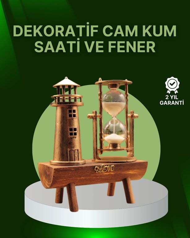 Diğer 94552546 Vintage Kum Saati + Deniz Feneri Modeli Ahşap Gövdeli Masa Üstü Dekor