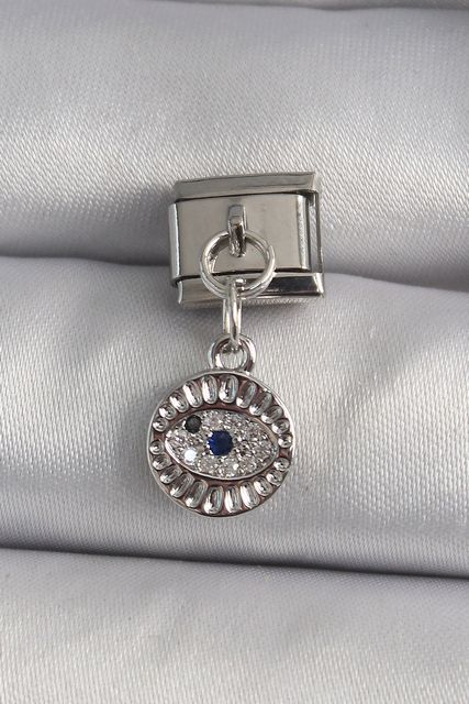 Diğer BC1157-BLNC 316L Çelik Gümüş Renk Sallantı Zirkon Taşlı Göz Model Charm Çok Renkli