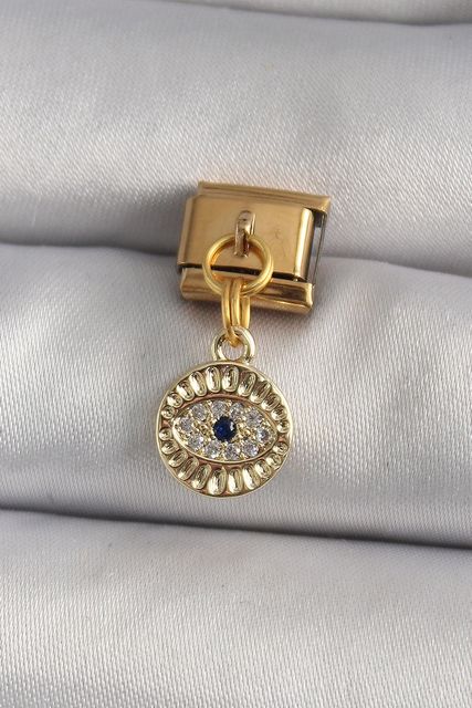 Diğer BC1195-BLNC 316L Çelik Gold Renk Sallantı Zirkon Taşlı Göz Model Charm Çok Renkli