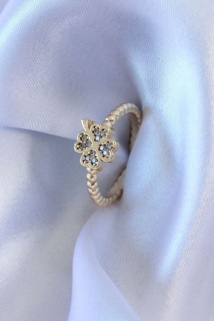 Diğer BYK4005-BLNC Gold Renk Zirkon Taşlı Yonca Model Kadın Yüzük Çok Renkli