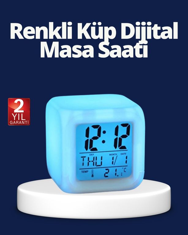 Diğer TRİTHLTUCZZZKÜPÇALARSAAT-BLNCCC Renk Değiştiren Led Alarmlı Dijital Küp Masa Saati Çok Renkli
