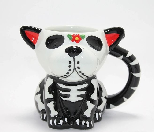 Diğer TrLat0KH002K-ALK4896-BLNCC Day Of The Dead Köpek Figürlü 3D Kabartmalı Porselen Kupa Alk4896 Çok Renkli