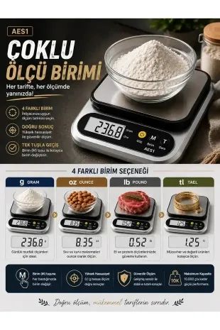 Dijital Mutfak ve Kahve Tartısı Hassas Gram Terazisi Paslanmaz Çelik LCD Ekran Çoklu Ölçüm g/oz 10 KG Kapasite