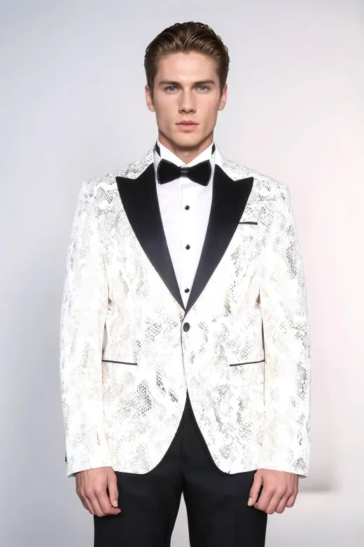 Dik Yaka Slim Fit Altın Desenli Beyaz Balo Ceket - Wessi