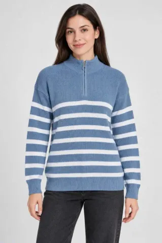 Dik Yaka Yarım Fermuarlı Çizgili Selanik Örgü Triko Kazak - Mavi - 2XL - Mavi