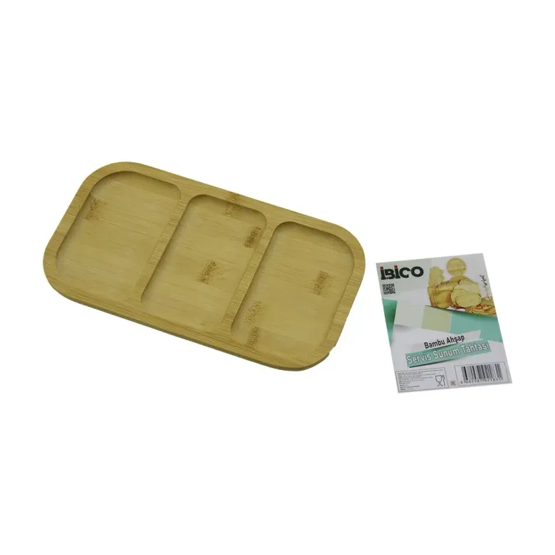 DİKDÖRTGEN 3 BÖLMELİ=2+1 AHŞAP BAMBU SERVİS SUNUM TEPSİ - TAHTASI 25 X 14 X 1.4CM (4745)