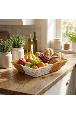 ® Dikdörtgen Çift Renkli Plastik Rattan Ekmek ve Meyve Sepeti - Çok Amaçlı Ba