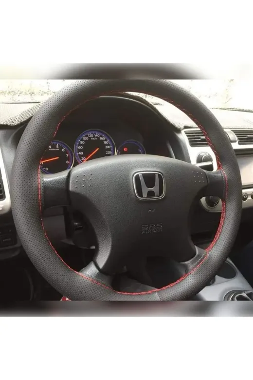 Dikişli Deri Direksiyon Kılıfı Noktalı Deri Kırmızı Dikişli Honda Civic Vtec 2 İçin