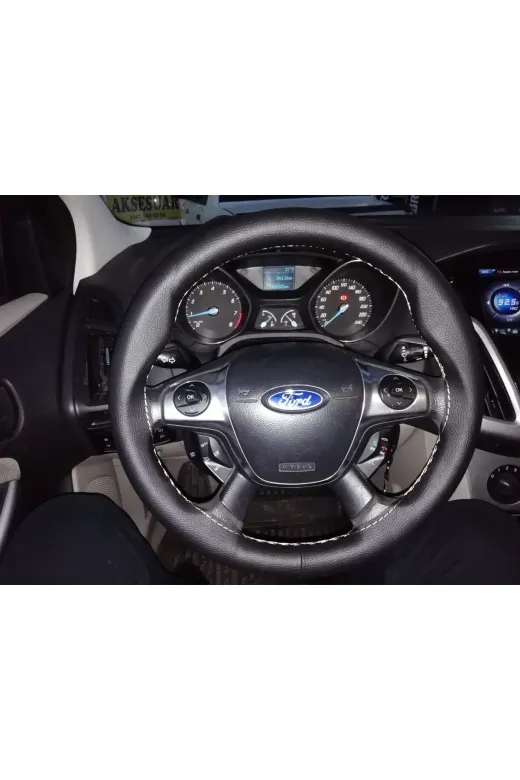 Dikişli Deri Direksiyon Kılıfı Siyah Damarlı Deri Gri Dikiş Ford Focus 2012-13-14 Için