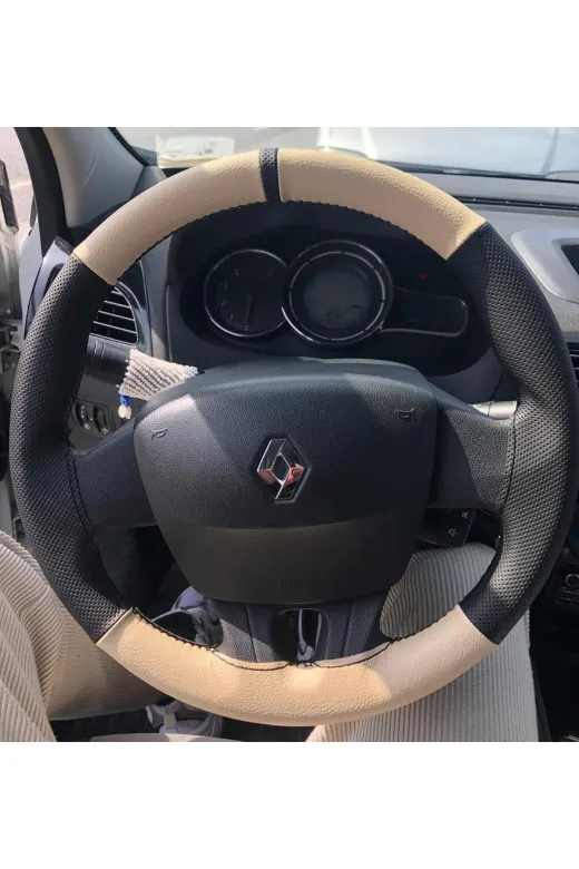 DİKİŞLİ DİREKSİYON KILIFI BEJ DERİ NOKTALI DERİ SİYAH YÜZÜK SİYAH DİKİŞLİ RENAULT FLUENCE İÇİN