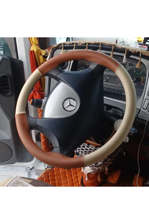 DİKİŞLİ DİREKSİYON KILIFI BEJ TABA DERİ SİYAH DİKİŞLİ MERCEDES TIR KAMYON İÇİN