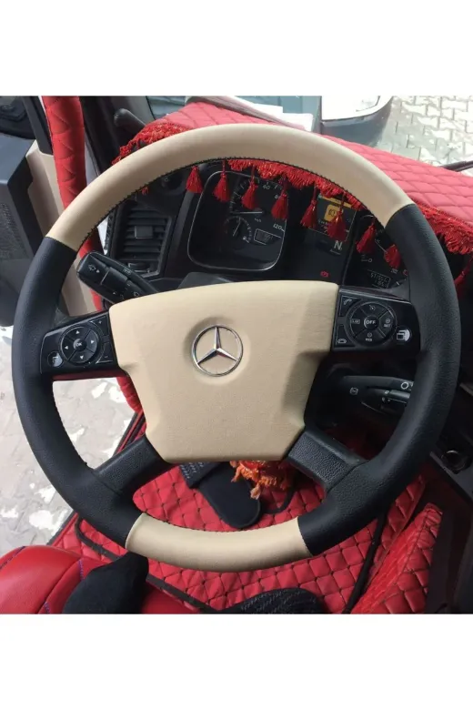 Dikişli Direksiyon Kılıfı Bej/siyah Deri Siyah Dikişli Mercedes Actros İçin
