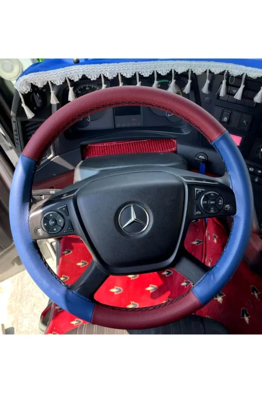 DİKİŞLİ DİREKSİYON KILIFI BORDO DERİ MAVİ DERİ SİYAH DİKİŞLİ MERCEDES TIR KAMYON İÇİN
