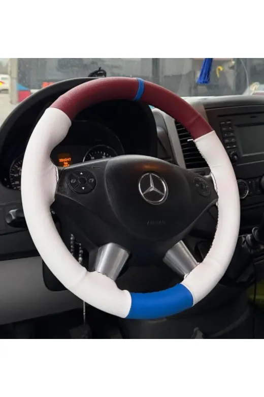 DİKİŞLİ DİREKSİYON KILIFI BORDO / MAVİ / BEYAZ DERİ MAVİ YÜZÜK SİYAH DİKİŞLİ MERCEDES SPRİNTER