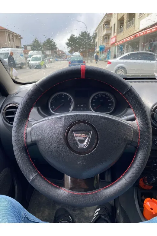 Dikişli Direksiyon Kılıfı Damarlı Noktalı Deri Kırmızı Yüzük / Dikiş Dacıa Grubu İçin